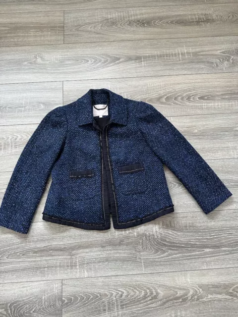 Rebecca Taylor Womens Tweed Blazer Blue Boucle Fringe Edges Jacket