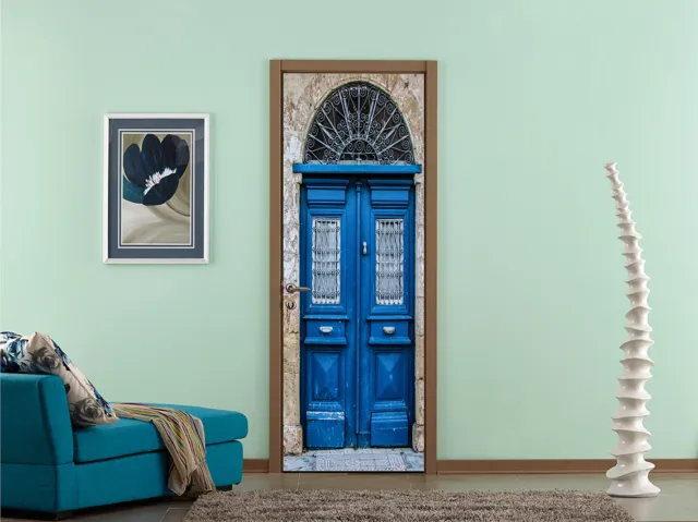 3D Blue Wrought Iron Gate PVC Door Stickers Self-adhesive Bedroom Door Murals