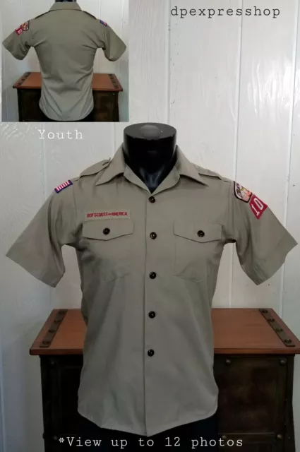 Boy Scouts Of America BSA YOUTH Uniform Button Shirt Sz LG *Sewn On Patches