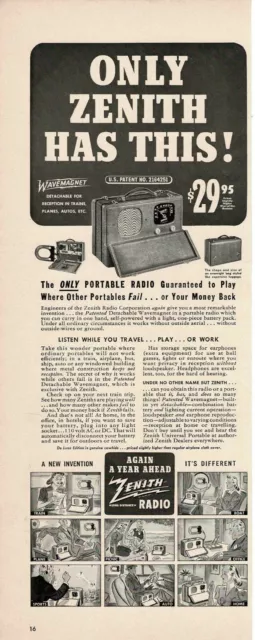 1940 ZENITH Detachable Wavemagnet Portable Radio Vintage Print Ad