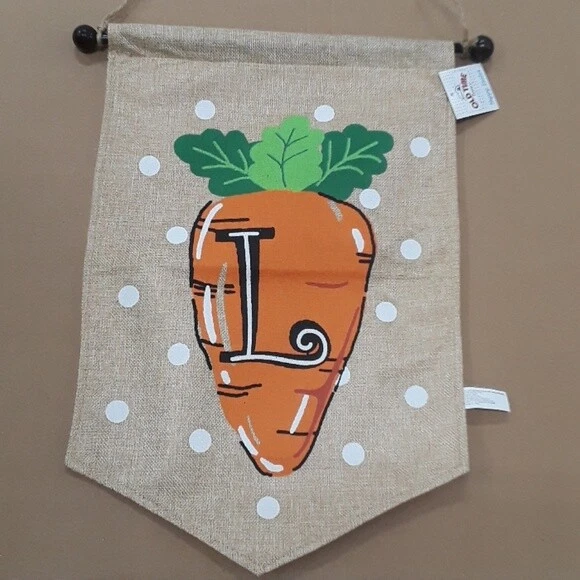 Spring Easter "L" Monogram Carrot Burlap House Flag with Pole NEW