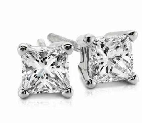 14K White Gold 0.60CT Princess Cut Genuine F/SI1 Diamond PUSHBACK Stud Earrings