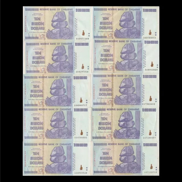 Zimbabwe - 10 x 10 Billion Dollars 2008 - Pick 85 USED 10 PCs UV verified