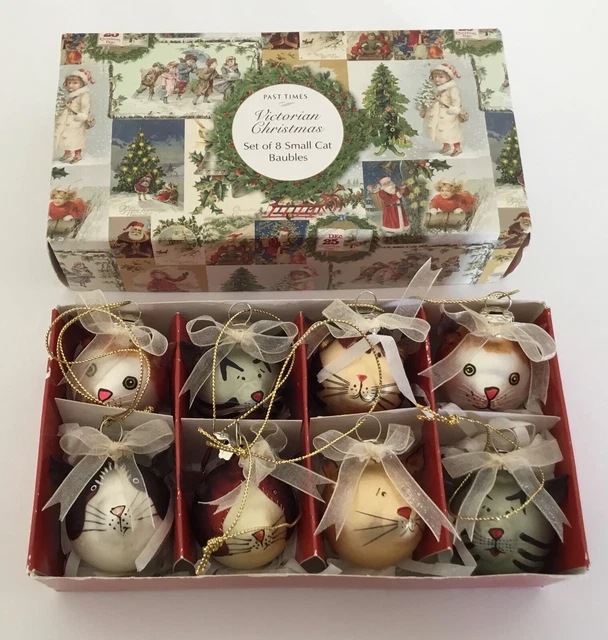 Rare Set 8 Past Times Boxed  Miniature Glass Cat Baubles Christmas Tree Baubles
