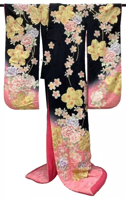 Japanese Silk Kimono Uchikake Vintage Gorgeous wedding Floral Black Pink 2