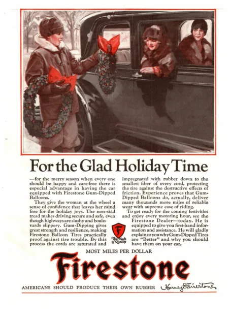1927 Firestone Tire Gum Dipped Balloon Tires Christmas Wreath Color Print Ad