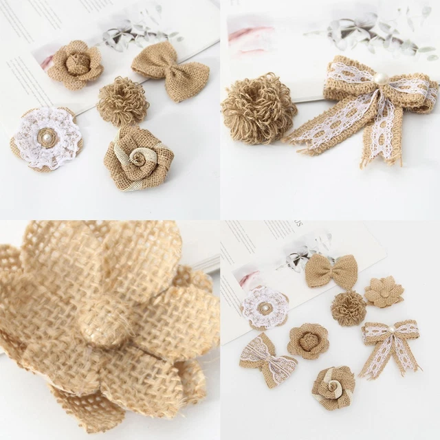 Kit Déco Fête En Toile De Jute GUIFIER - 24 Fleurs Et Nœuds + Rubans + Colle - Pour Mariage, Anniversaire, DIY