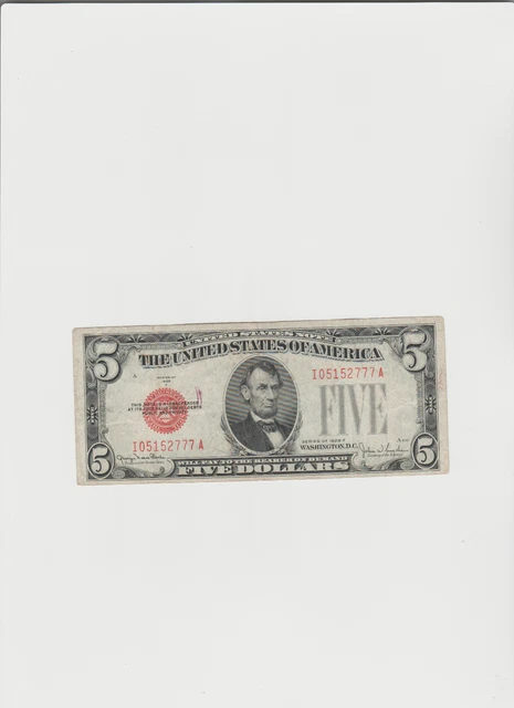 1928-F Five Dollar Red Seal US Note  $5 Old US Bill Ave circulation