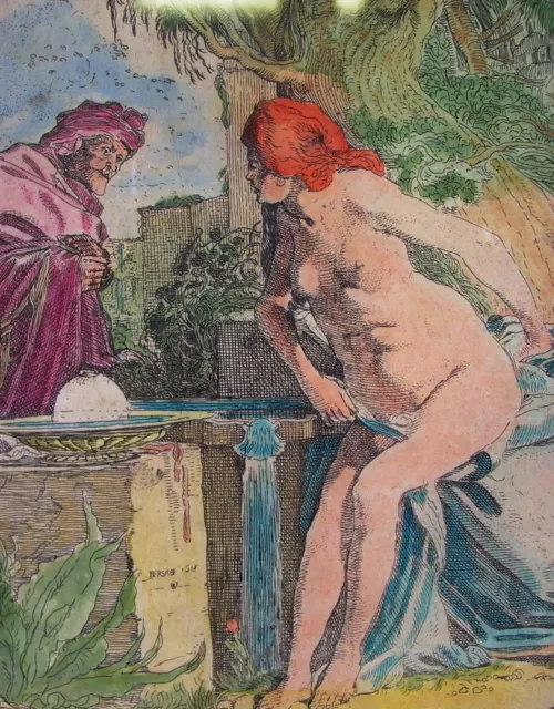 antike Farbradierung - ORIENTALISCHE Szene - Susanna im Bade - Frauen Akt 3