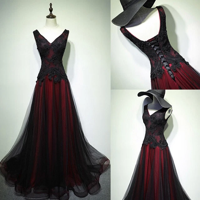 Black And Red Wedding Dresses Gothic Sleeveless V Neck Lace Beaded Bridal Gowns