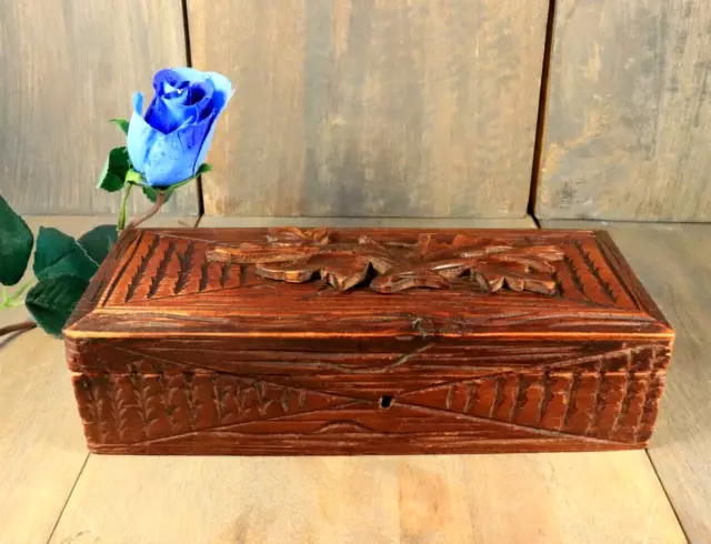 Antique French Black Forest Hand Carved Wooden Storage Box Jewelry Gloves 1800s