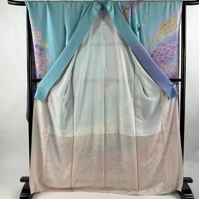 Woman Japanese Kimono Furisode Silk Silver Thread Embroidery LightBlue 170.5cm 2