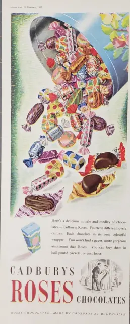 1952 Cadbury Roses Chocolates Candy Fourteen Different Centres Print Ad