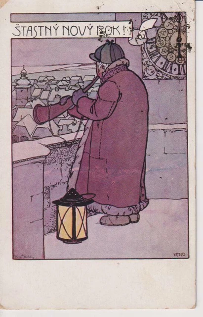 Happy New Year-Vintage Art Nouveau-" Santa Claus "-Artist Signed Old Pc -013
