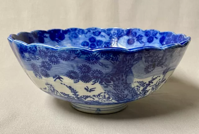 Large Antique Meiji Seto Blue Transfer Porcelain Bowl Scalloped Rim