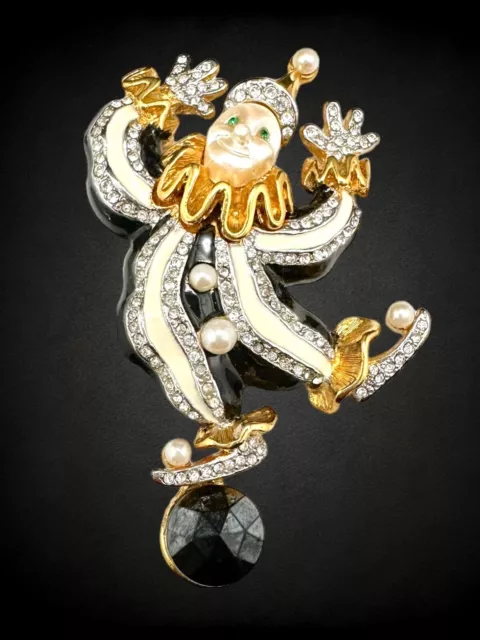 Vintage KJL Kenneth Jay Lane Enamel Rhinestone Faux Pearl Clown Brooch