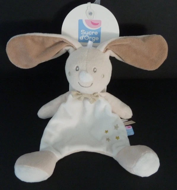 Ni1. DOUDOU PLAT SUCRE D'ORGE LAPIN blanc beige étoile noeud pap' 100% NEUF 2