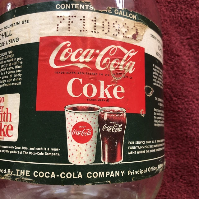 VINTAGE COCA COLA One Gallon Soda Fountain Syrup Glass Jug with Paper