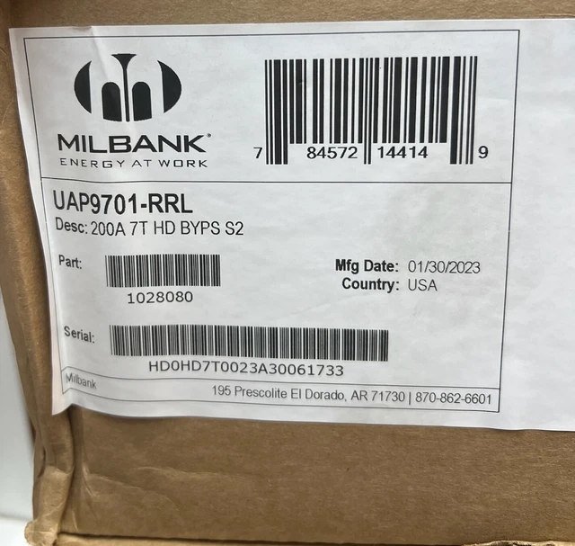 Milbank 200 Amp 3 Phase 7 Jaw Lever Bypass Meter Socket Bse Aluminum UAP9701-RRL