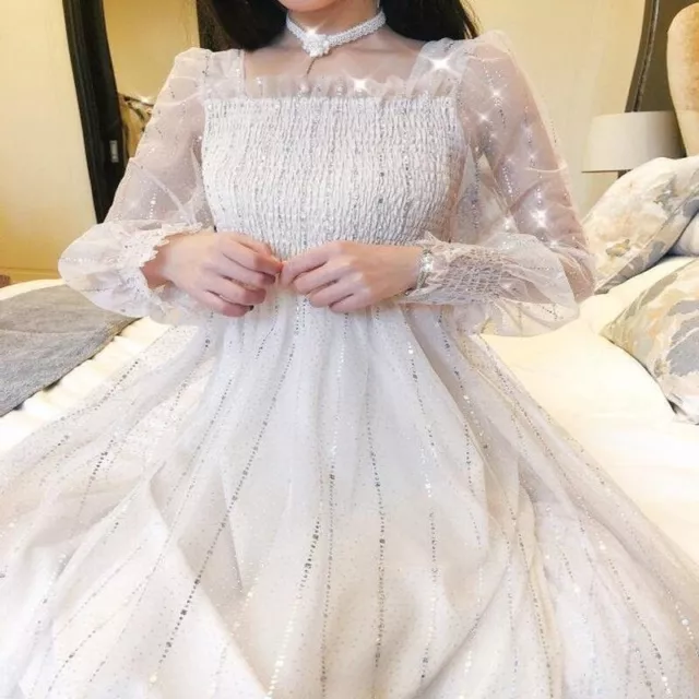 Donna a Righe Rete Abito Midi Puff Maniche Balze Paillettes Fiocco Rétro Fairy
