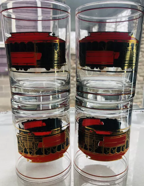 Art Deco Gumps Whiskey Glass San Fran Street Car Gold Black Red Barware Set-4