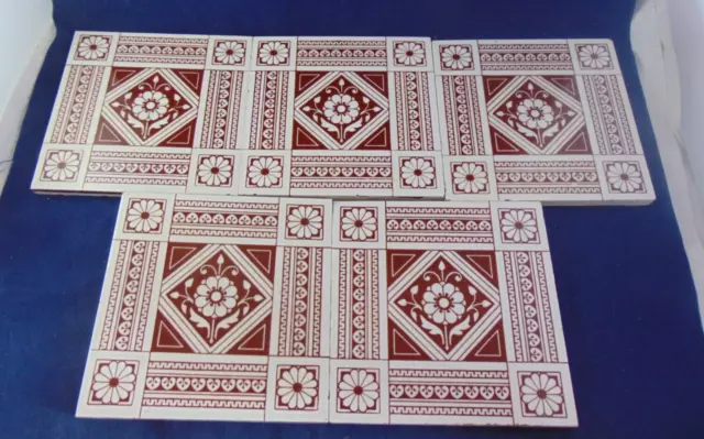 5 x ANTIQUE VICTORIAN  MINTON 6" TILES FLORAL DESIGN BROWN AND WHITE