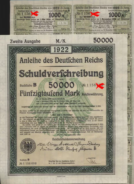 Anleihe 50000 Mark + Coupon bogen  DEUTSCHES REICH  Schuldverschreibung 1922 (58