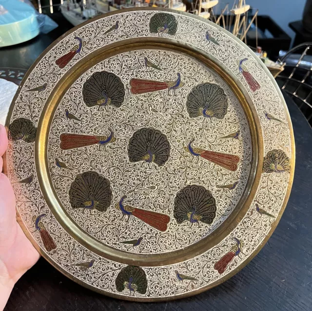 Vtg Brass Peacock Plate Tray Enameled Etched Wall Hanging Decorative 11” MCM