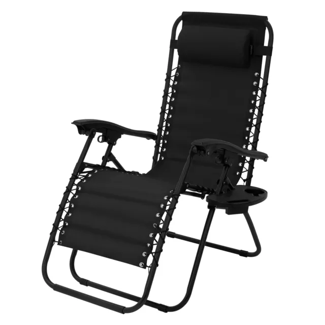 Chaise de camping pliable noir chaise longue jardin + appui-tête porte-gobelet