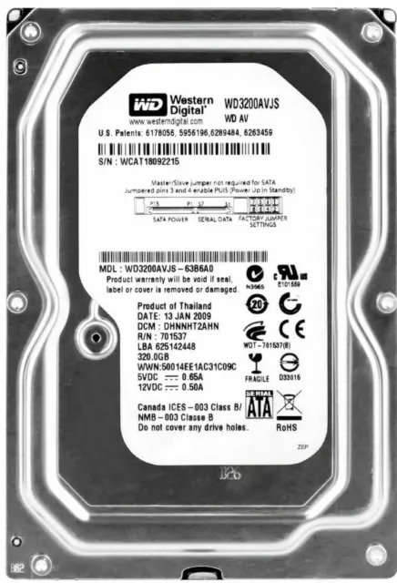 Disque Dur Western Digital AV WD3200AVJS 320GB 7200U/Min SATA II 8MB 3.5 " Pouce