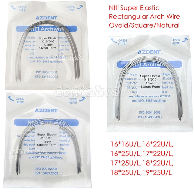 Fils Orthodontiques Super élastiques Niti Forme Carrée/ronde - AZDENT - Lot De 10 - Pour Appareils Dentaires