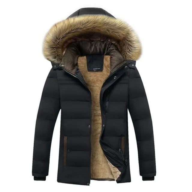 Winter Thick Warm Fleece Parkas Mens Hooded Faux Fur Collar Jacket Padded Coat