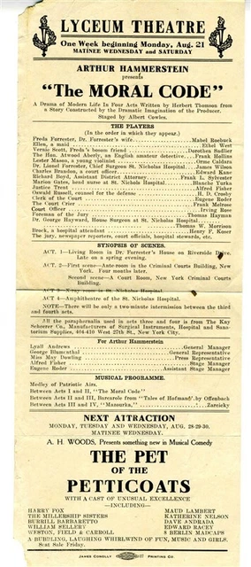 The Moral Code Program 1911 Lyceum Theatre New York Pet of the Petticoats