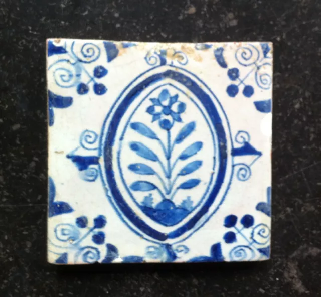 Antique Dutch Delft Tile Flower ''Ovaal Tile'' Circa 1625 -1650