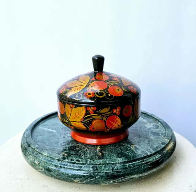 Vintage wooden sugar bowl hand painting, gilding. USSR Khokhloma. artist Kudrina