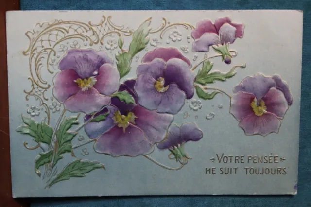 CPA carte postale ancienne fantaisie vers 1900 gaufrée pensées