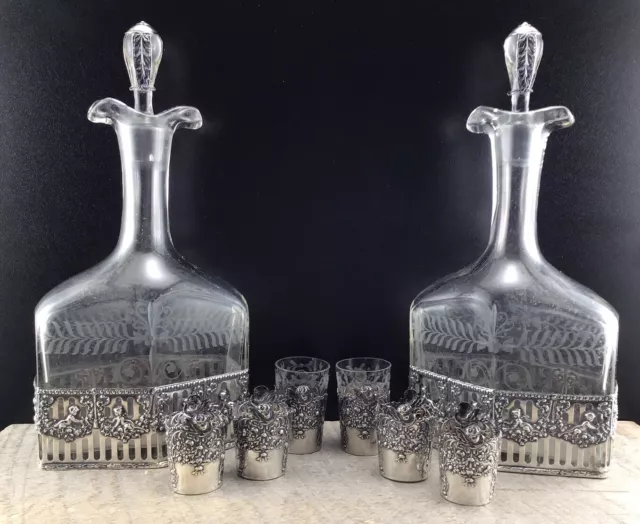 Sterling Silver Antique Cherub Crystal Decanter Set Hanau Neresheimer English