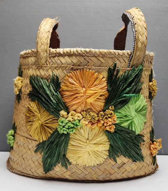 Vintage Straw Tote Bag Woven Floral Embroidered Purse Boho Wicker Raffia Mexico