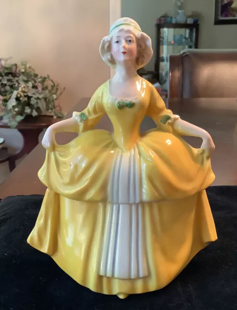 Lady Trinket Box Powder Jar Yellow Ball Gown Germany