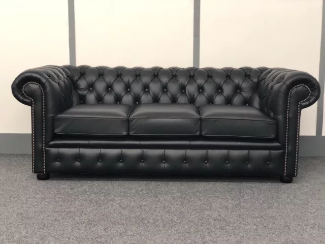 Chesterfield 3 Seater Sofa In Black Genuine Leather (Brand New)