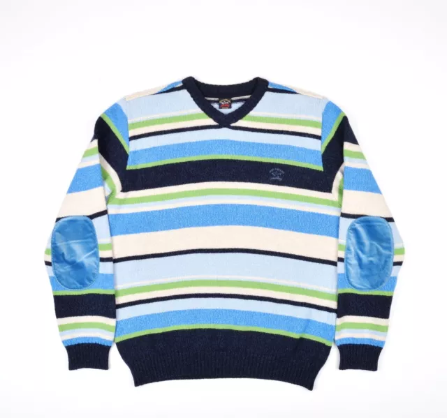 Men's Paul & Shark V Neck Jumper Multicolor Striped Pure Wool Size L P-P 23.5"