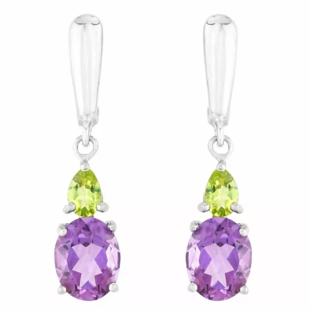 Unheated Natural 10X8Mm Amethyst Peridot Gems In Sterling Silver 925 Earring