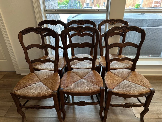 Set of  6 French Louis XV  Antique Walnut Rush Seat Dining Room Chairs
