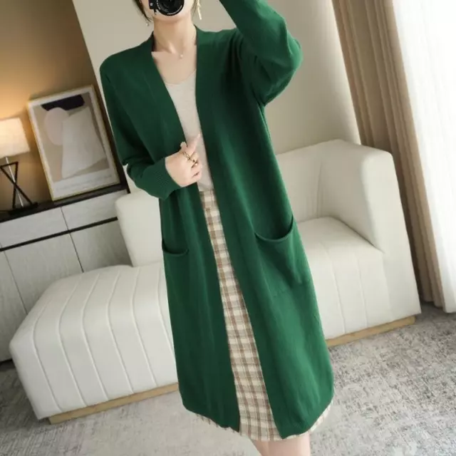 Womens Autumn Cashmere Wool Blend Cardigan Long Sweater with Pockets Loose Coat