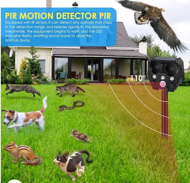 NEW Solar Ultrasonic Pest Repellent Keep away unwelcome Animal Cat Fox Birds Rat