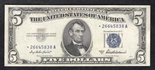 Fr. 1656* 1953-A $5 Five Dollars *Star* Silver Certificate About Uncirculated (B