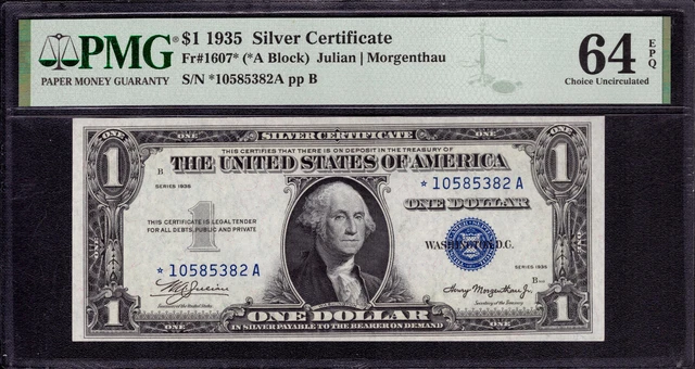 1935 $1 Silver Certificate Star Note Fr.1607* *A Block Pmg Choice Unc 64 Epq