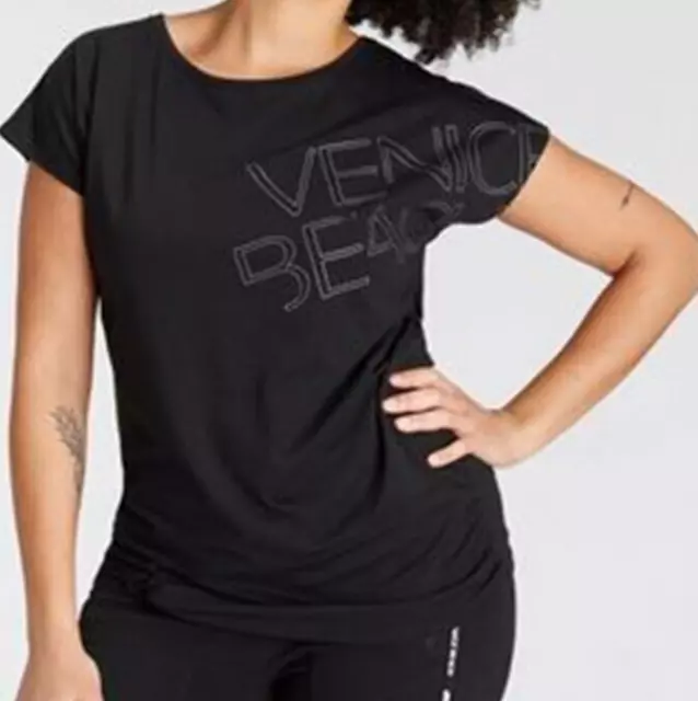 Venice Beach Damen Shirt mit Logoprint mit Raffung am Saum schwarz Gr. 52/54