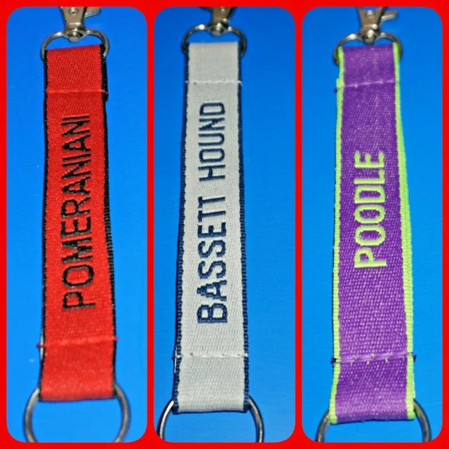 Lanyard Key Chain Dog Breeds  Ring Clasp Embroidered Choose Name 6" Colorful JB