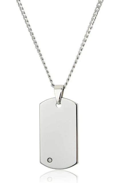Mens Tungsten Carbide Diamond Dog Tag Pendant Necklace 24-inch Curb Chain White